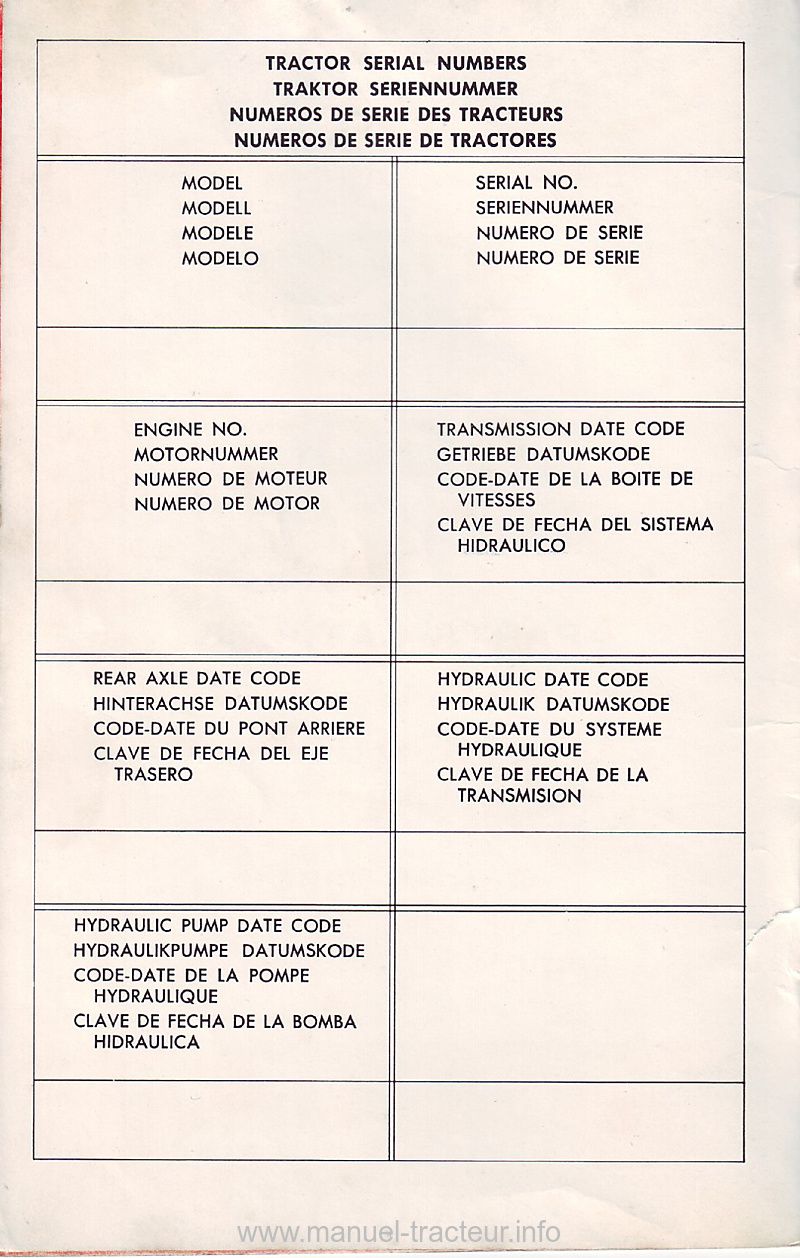 Page 1 du sommaire - Catalogue pièces détachées Ford 4000,4200,4400 et 4500