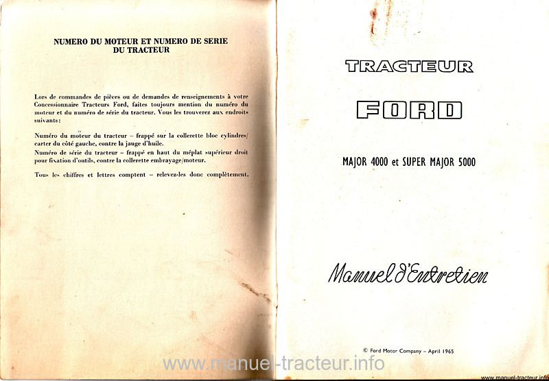 Page 1 du sommaire - Manuel d'entretien des tracteurs Ford MAJOR 4000 et SUPER MAJOR 5000
