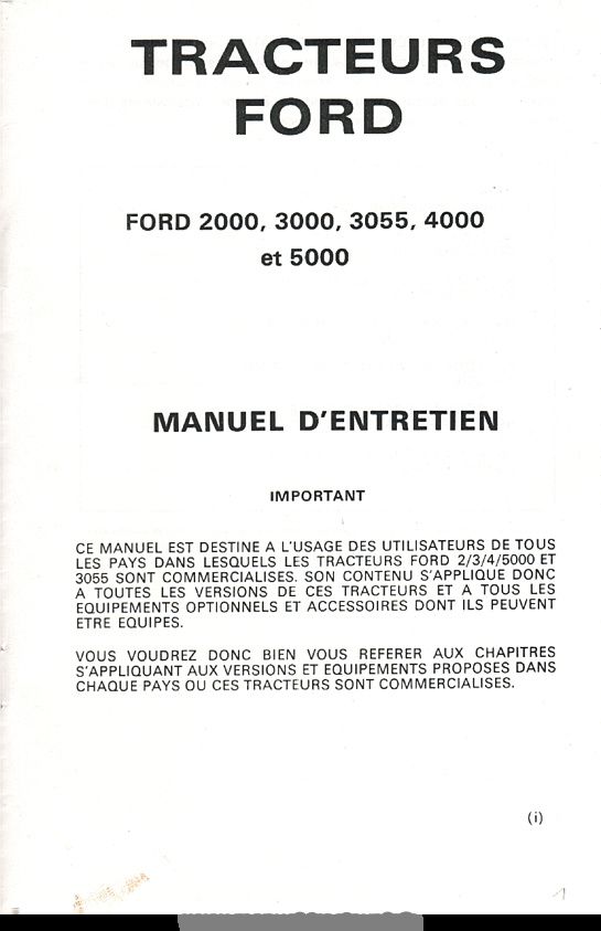 Page 1 du sommaire - Manuel d'entretien tracteurs Ford 2000, 3000, 3055, 4000, 5000