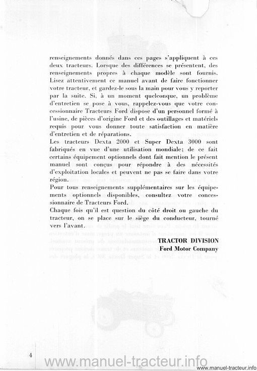 Sixième page du Manuel d'entretien des tracteurs Ford Dexta 2000 et Super Dexta 3000