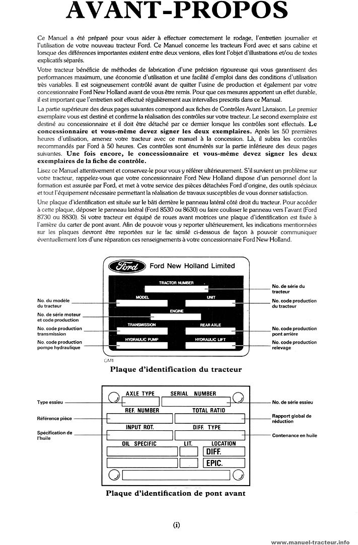 Page 1 du sommaire - Manuel utilisation Ford New Holland 8530 8630 8730 8830