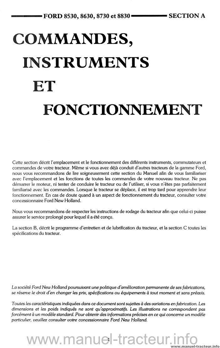 Extrait du guide de réparation - Manuel utilisation Ford New Holland 8530 8630 8730 8830