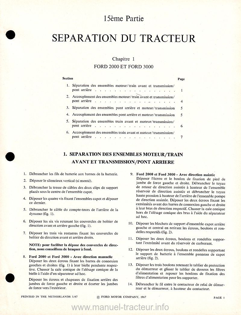 Page 1 du sommaire - Manuel d'atelier Ford 2000, 3000, 4000 et 5000