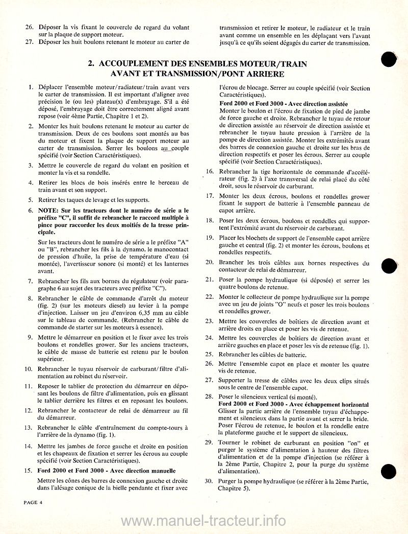 Extrait de la notice technique - Manuel d'atelier Ford 2000, 3000, 4000 et 5000