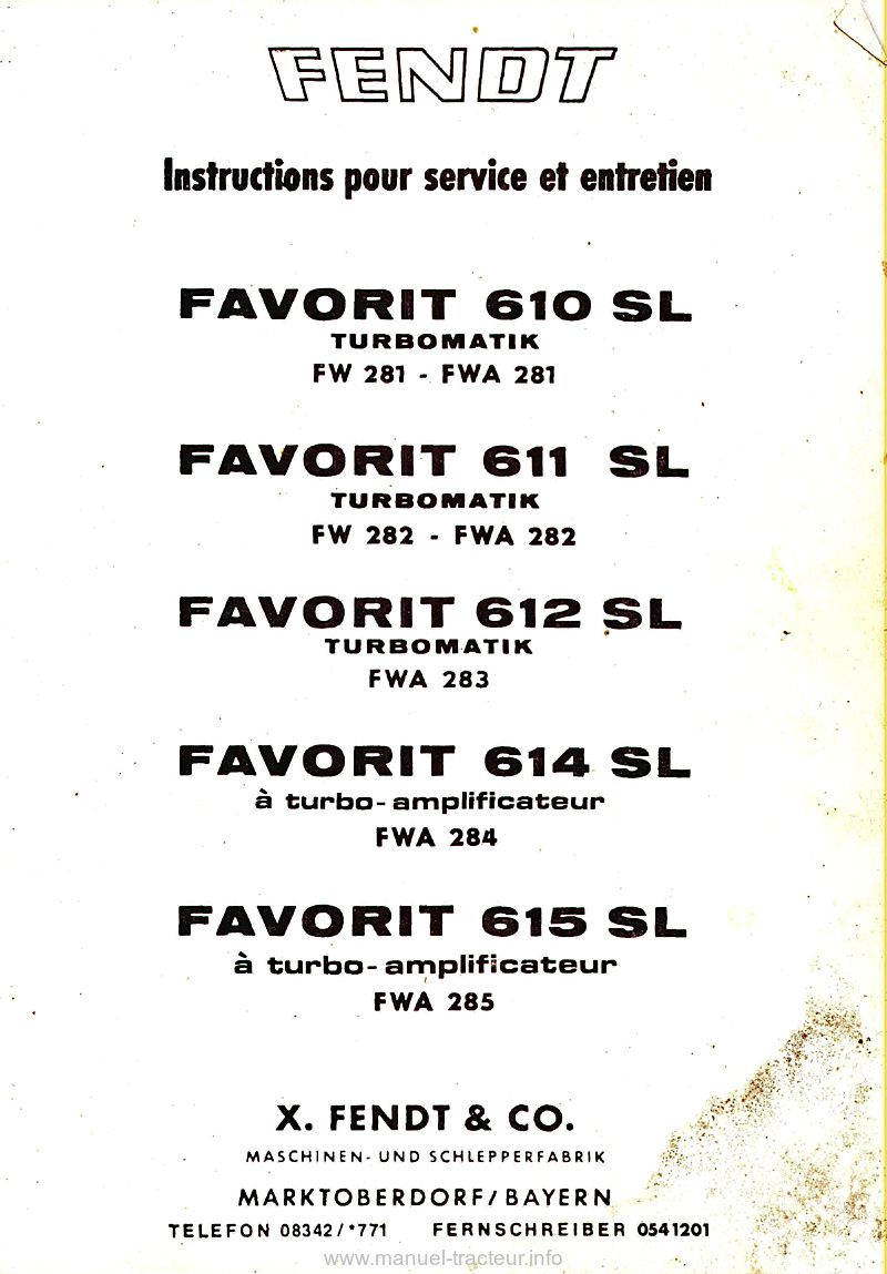 Première page de la revue technique - Livret instructions tracteur Fendt Favorit 610SL 611SL 612SL 614SL 615SL
