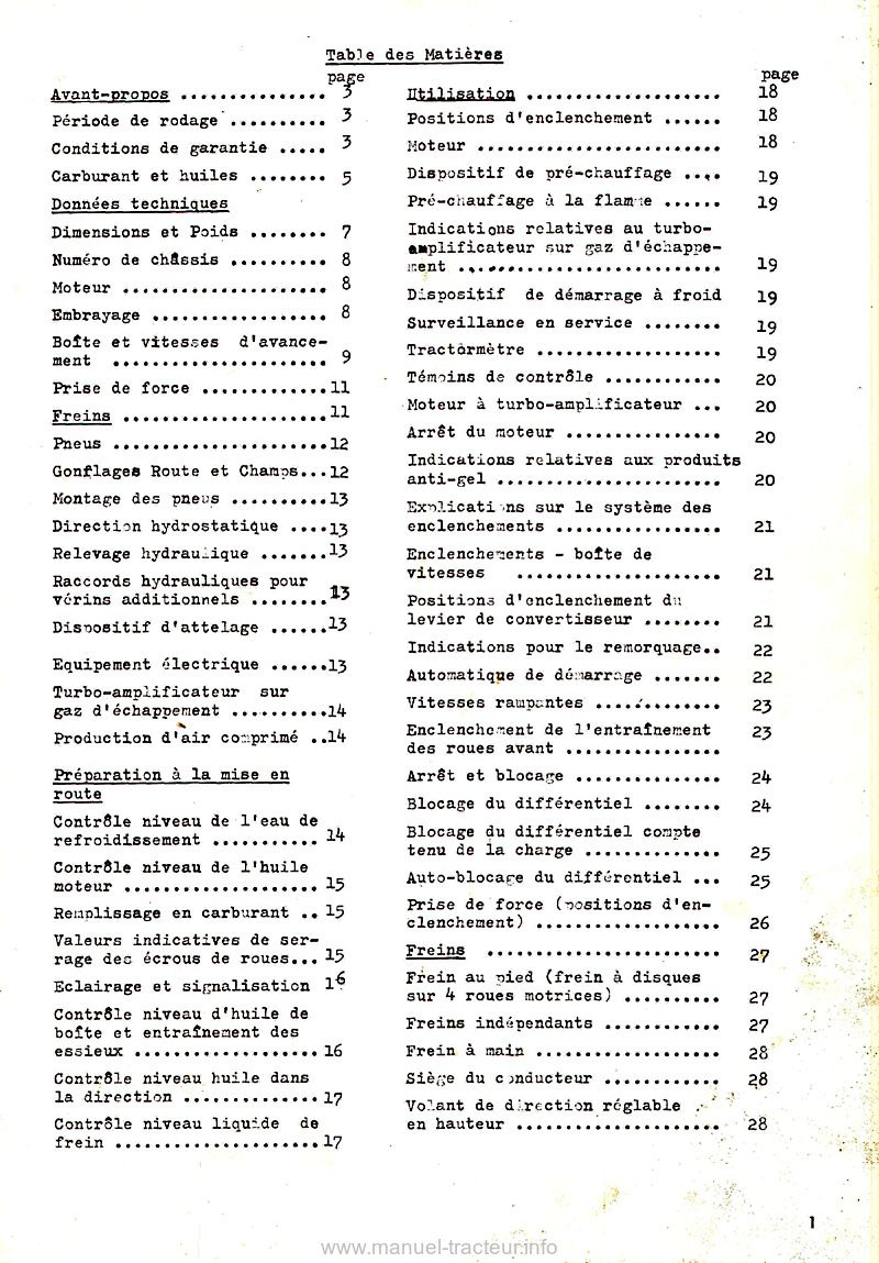 Page 1 du sommaire - Livret instructions tracteur Fendt Favorit 610SL 611SL 612SL 614SL 615SL