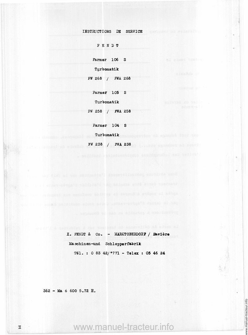 Page 2 du manuel d'atelier - Livret d'instructions Fendt Farmer 104 105 106 S