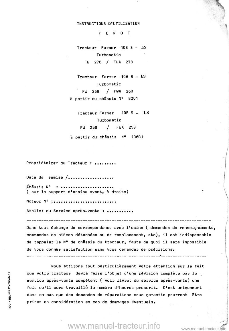 Page 1 du sommaire - Livret d'instructions Fendt Farmer 105 106 108 S-LS