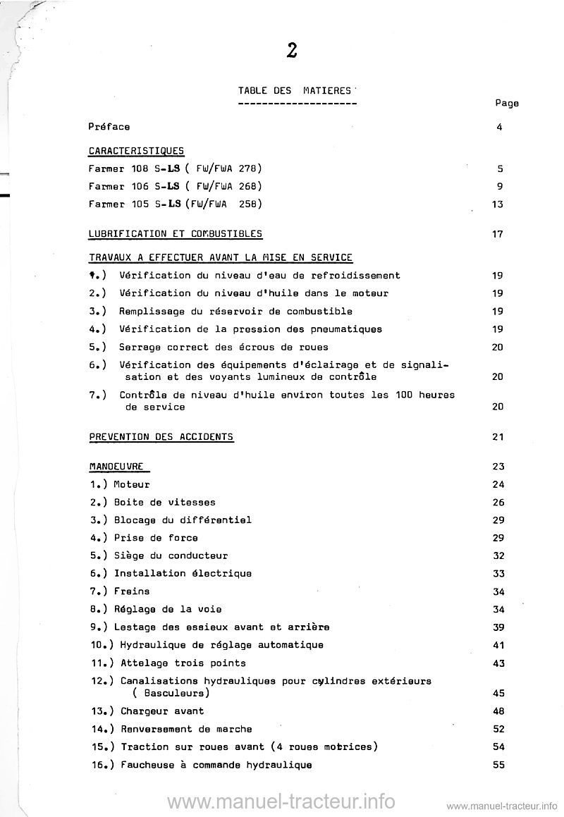 Page 2 du manuel d'atelier - Livret d'instructions Fendt Farmer 105 106 108 S-LS