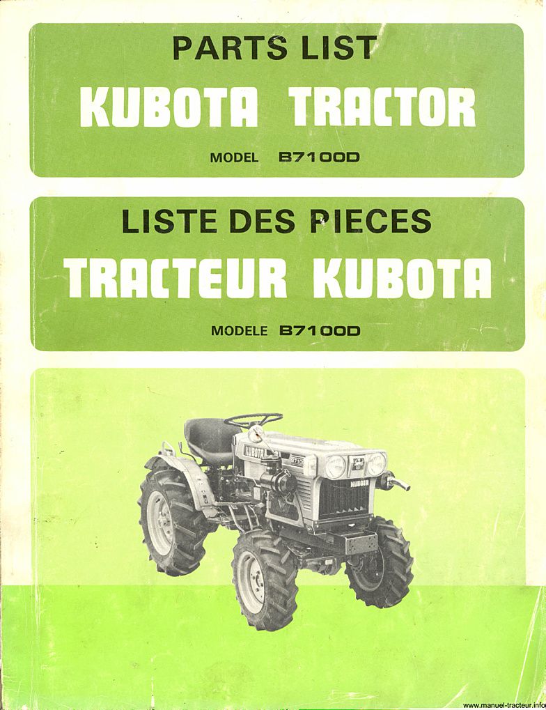 Première page de la revue technique - Catalogue des pièces du Kubota - Modèle B7100D
