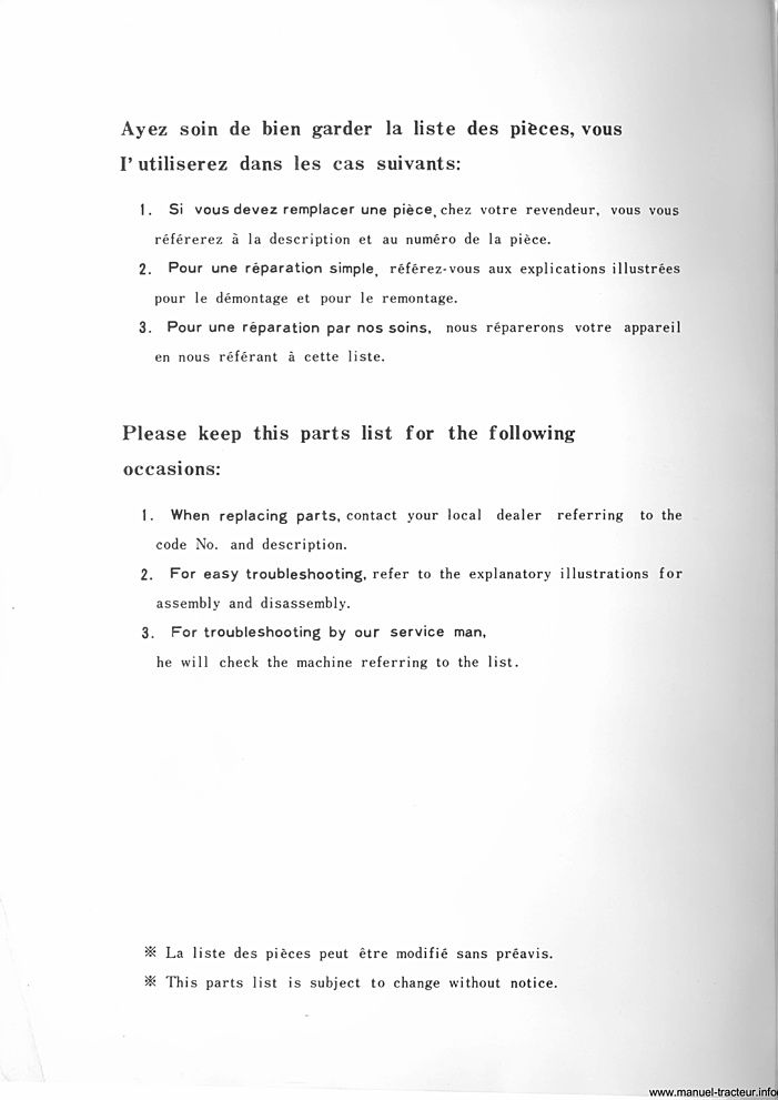 Page 1 du sommaire - Catalogue des pièces du Kubota - Modèle B7100D