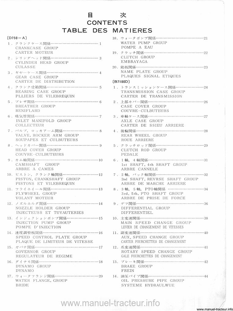 Page 2 du manuel d'atelier - Catalogue des pièces du Kubota - Modèle B7100D