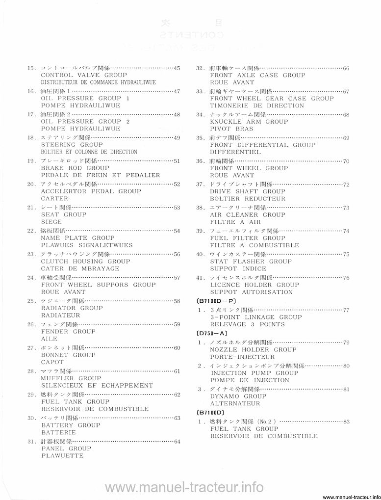 Extrait du guide de réparation - Catalogue des pièces du Kubota - Modèle B7100D
