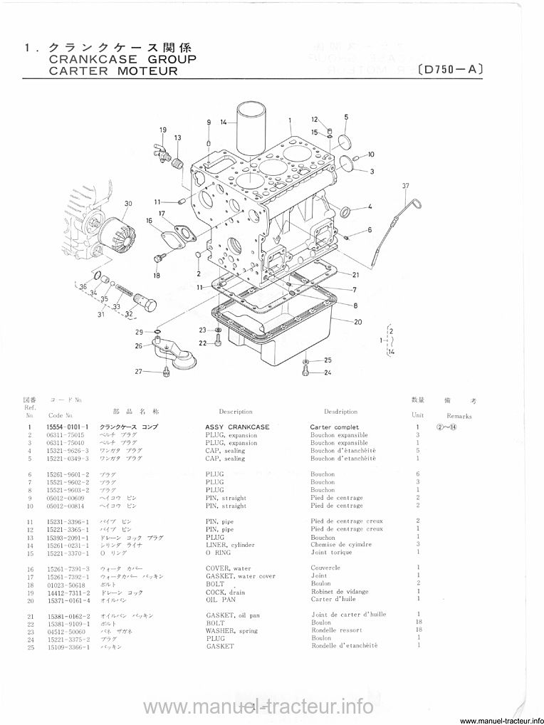 Extrait de la notice technique - Catalogue des pièces du Kubota - Modèle B7100D