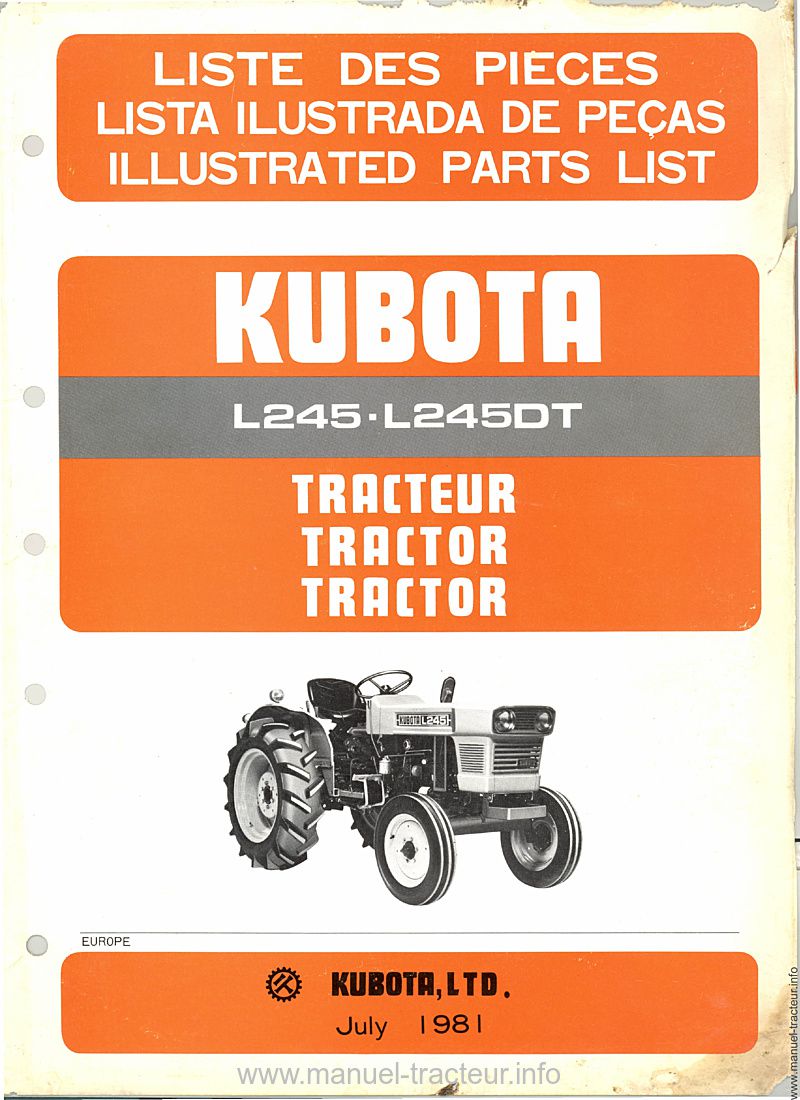 Première page du Catalogue de pièces de rechange Kubota L 245 et L245DT