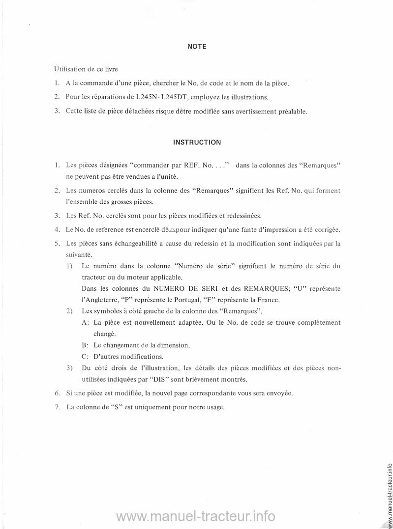 Deuxième page du Catalogue de pièces de rechange Kubota L 245 et L245DT