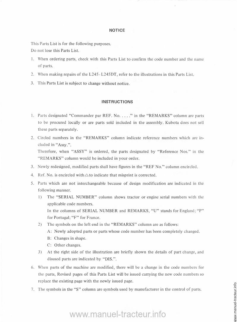Quatrième page du Catalogue de pièces de rechange Kubota L 245 et L245DT