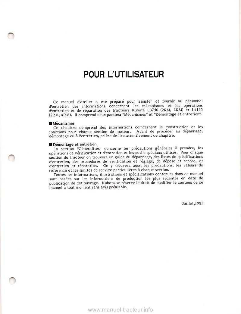 Première page de la revue technique - Manuel atelier Kubota L3750 L4150