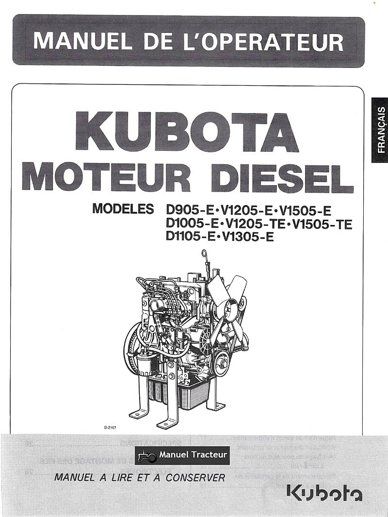 Première page du Manuel de l'opérateur moteur Kubota Diesel D905-E V1205-E V1505-E D1005-E V1205-TE V1505-TE D1105-E V1305-E