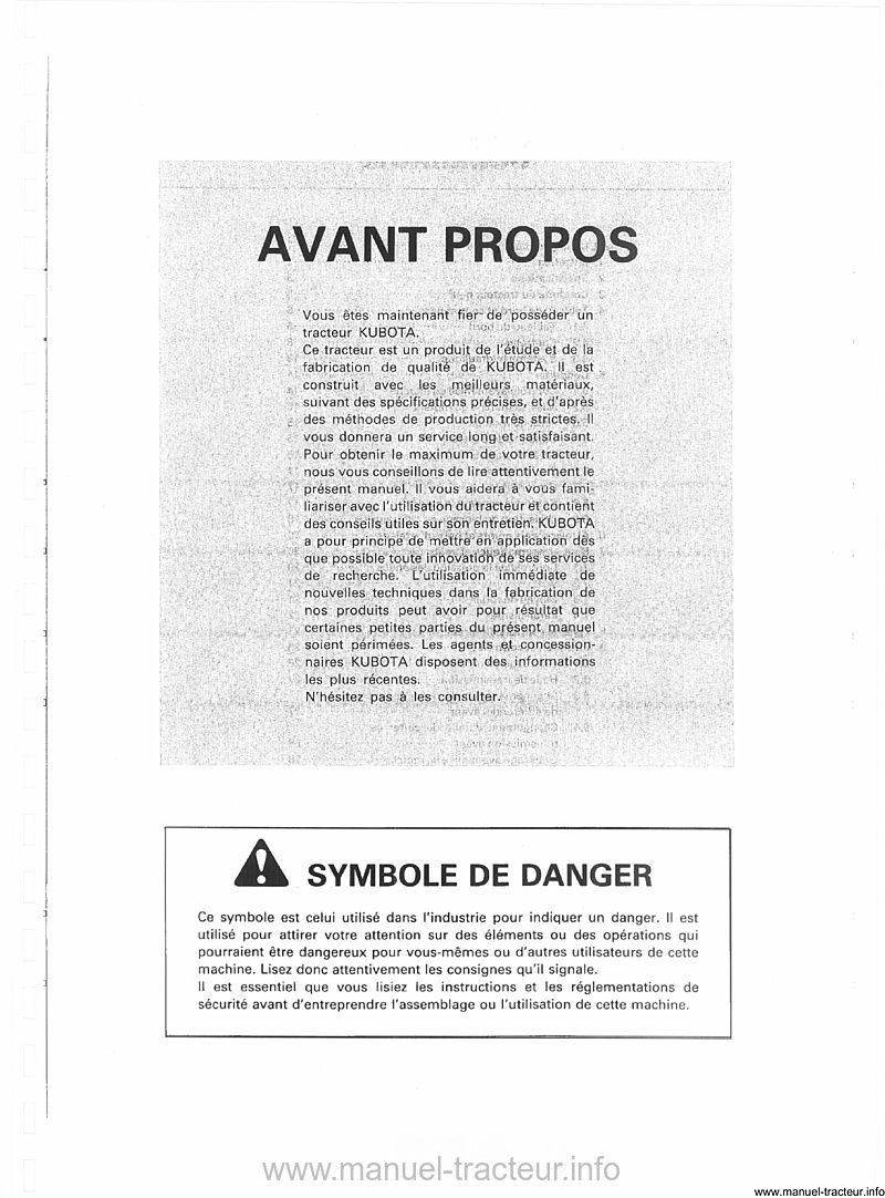 Page 2 du manuel d'atelier - Manuel de l'utilisateur Kubota B4200