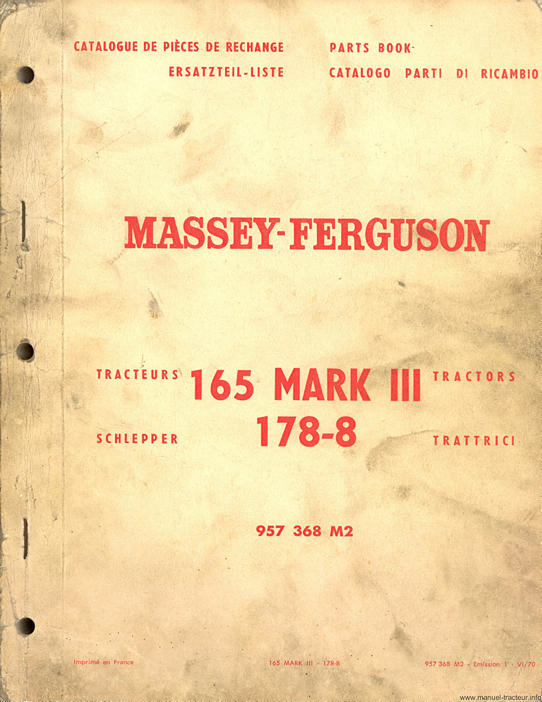 Première page de la revue technique - Catalogue de pièces de rechange tracteur Massey Ferguson MF 165 Mark III et 178-8