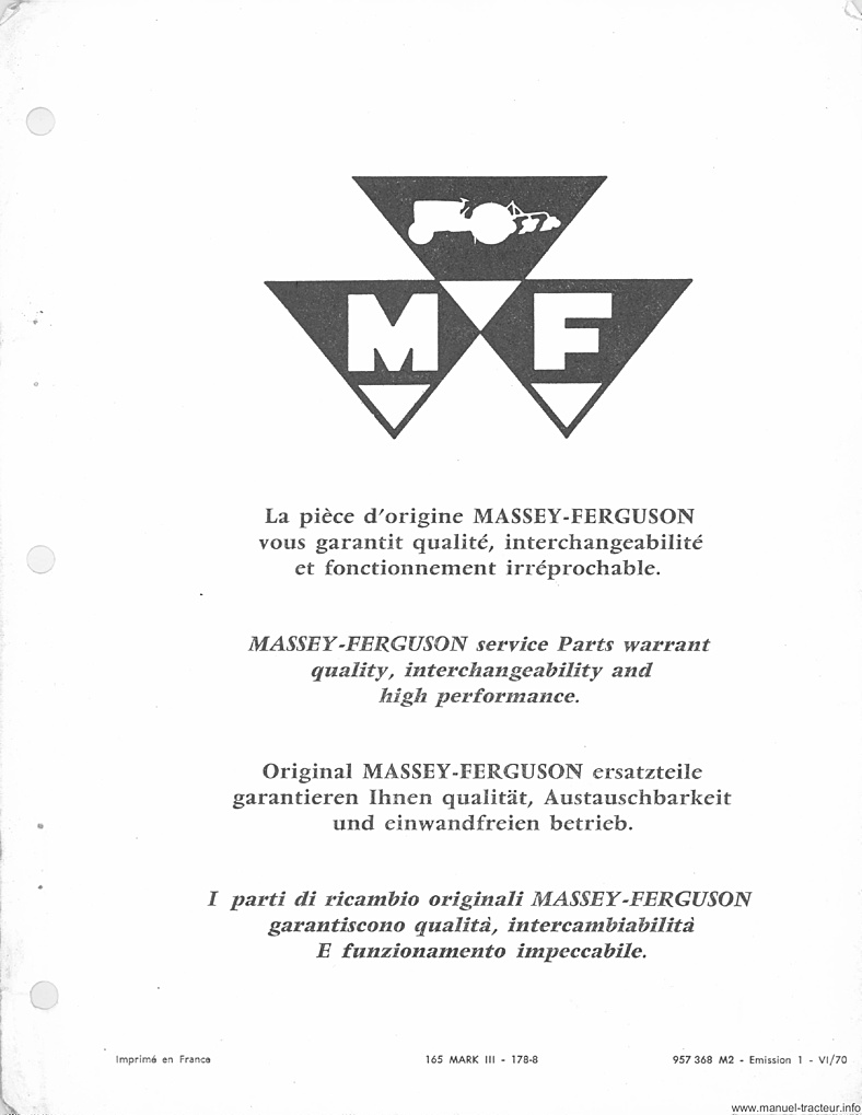 Page 1 du sommaire - Catalogue de pièces de rechange tracteur Massey Ferguson MF 165 Mark III et 178-8
