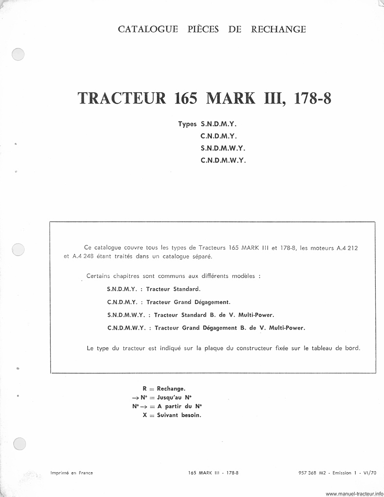 Page 2 du manuel d'atelier - Catalogue de pièces de rechange tracteur Massey Ferguson MF 165 Mark III et 178-8