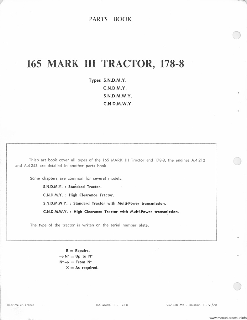 Extrait du guide de réparation - Catalogue de pièces de rechange tracteur Massey Ferguson MF 165 Mark III et 178-8