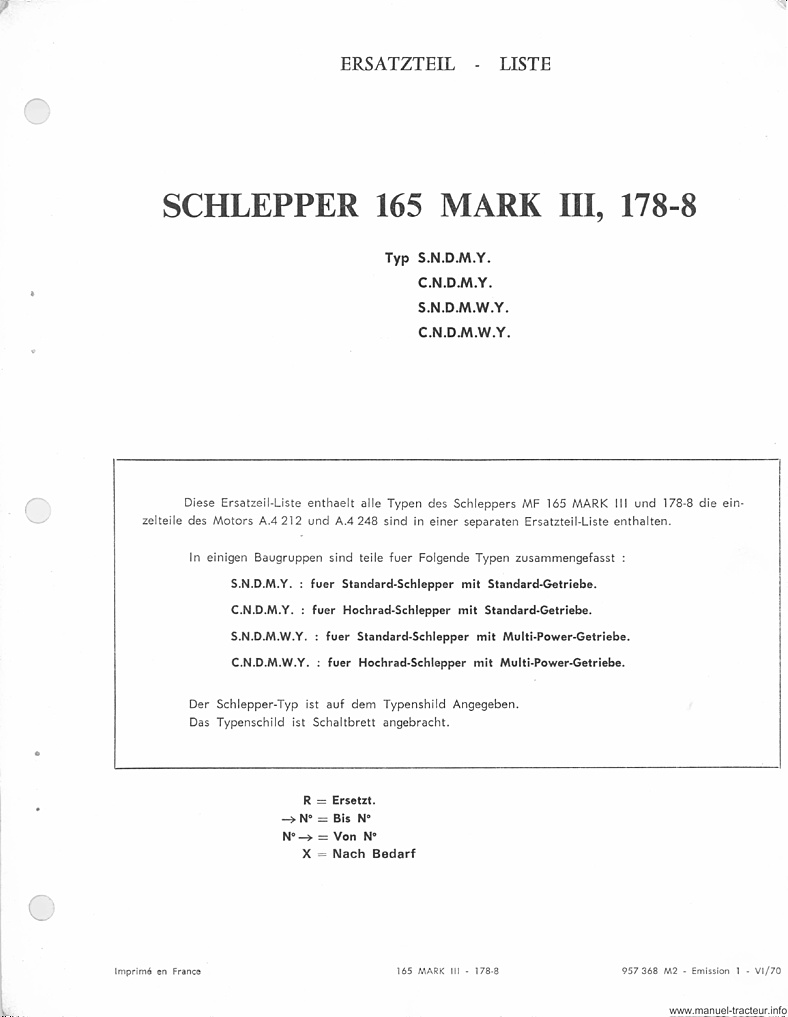 Extrait de la notice technique - Catalogue de pièces de rechange tracteur Massey Ferguson MF 165 Mark III et 178-8