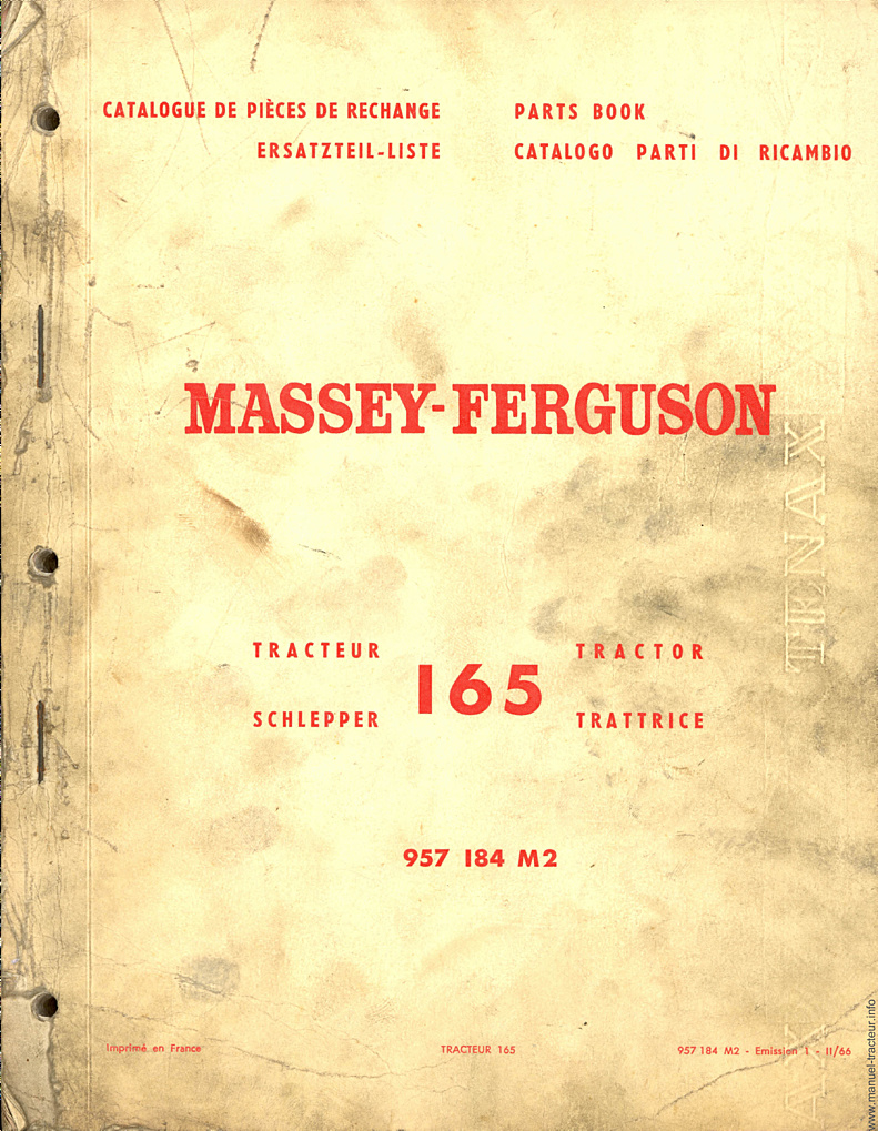 Première page de la revue technique - Catalogue de pièces détachées pour le tracteur Massey Ferguson MF 165