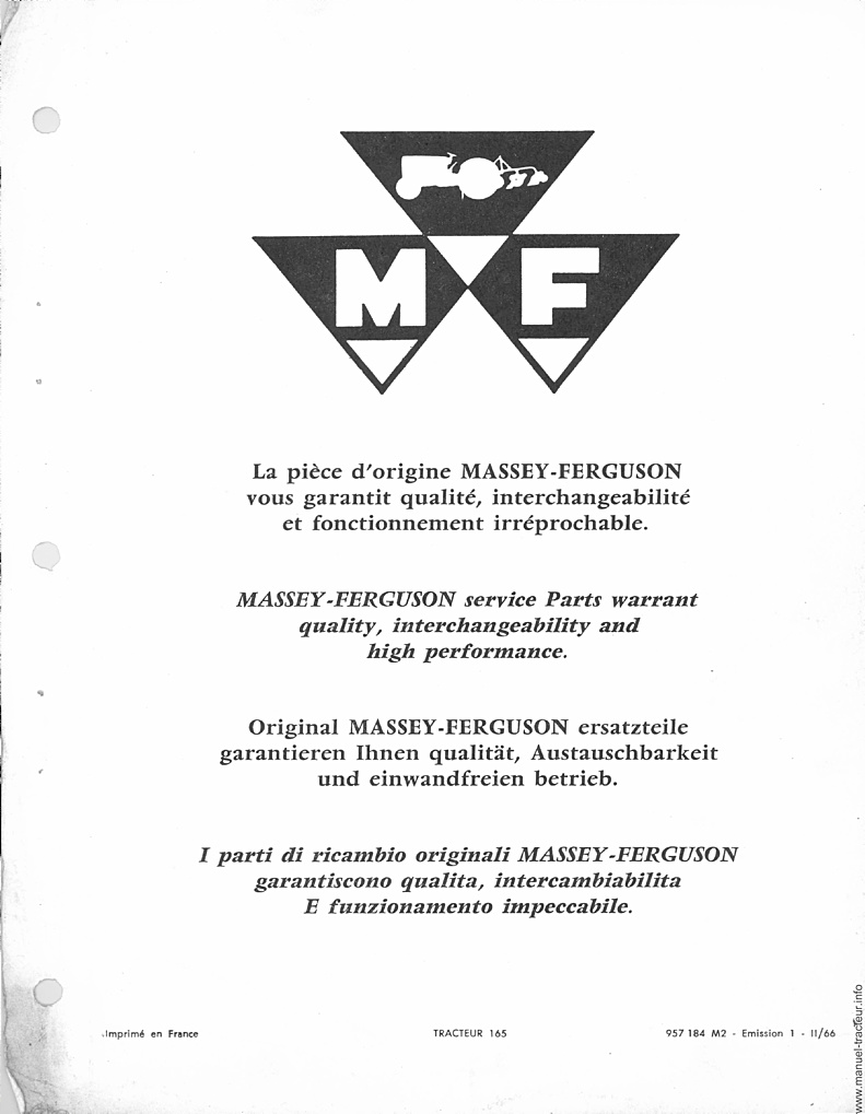Page 1 du sommaire - Catalogue de pièces détachées pour le tracteur Massey Ferguson MF 165