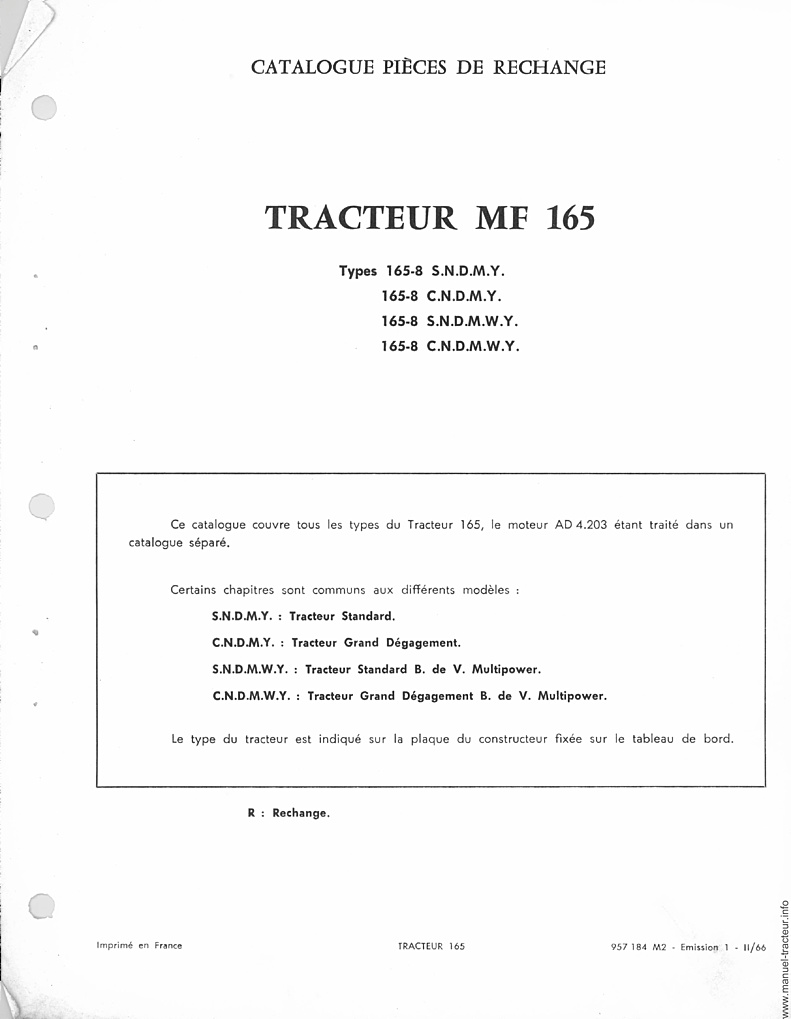 Page 2 du manuel d'atelier - Catalogue de pièces détachées pour le tracteur Massey Ferguson MF 165