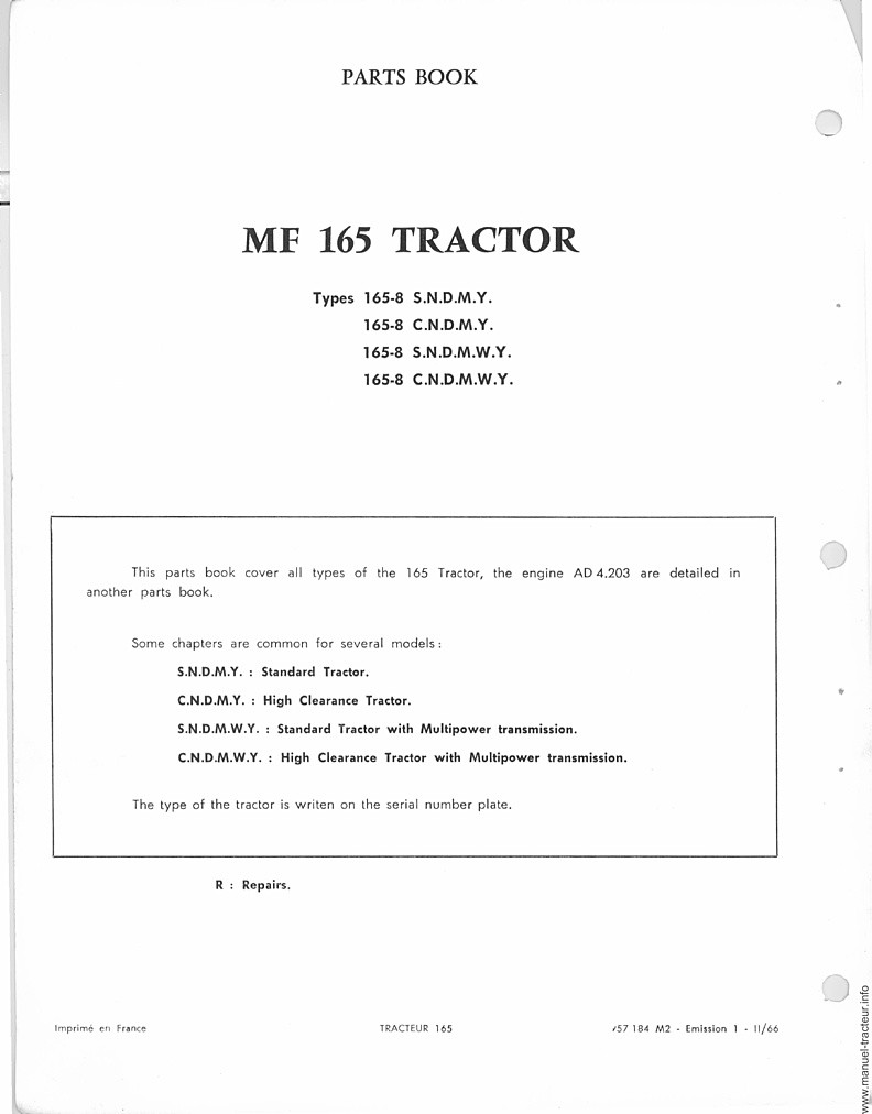 Extrait du guide de réparation - Catalogue de pièces détachées pour le tracteur Massey Ferguson MF 165