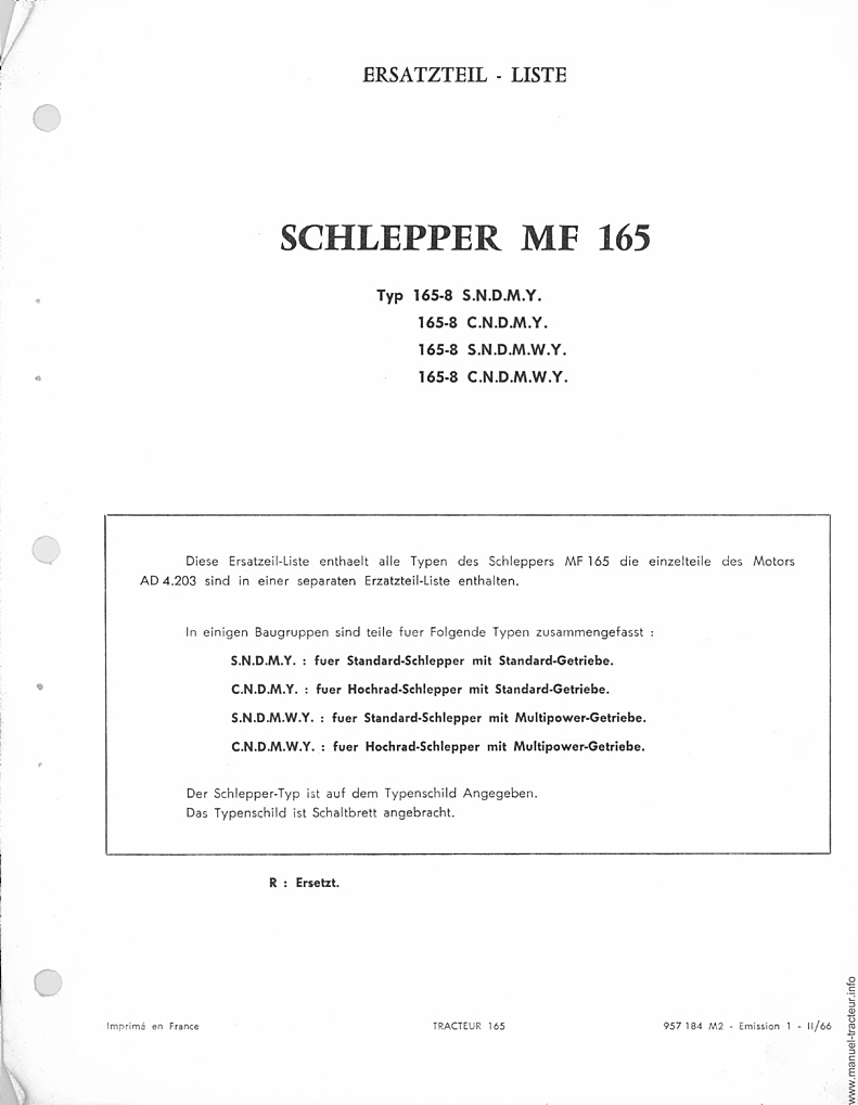 Extrait de la notice technique - Catalogue de pièces détachées pour le tracteur Massey Ferguson MF 165
