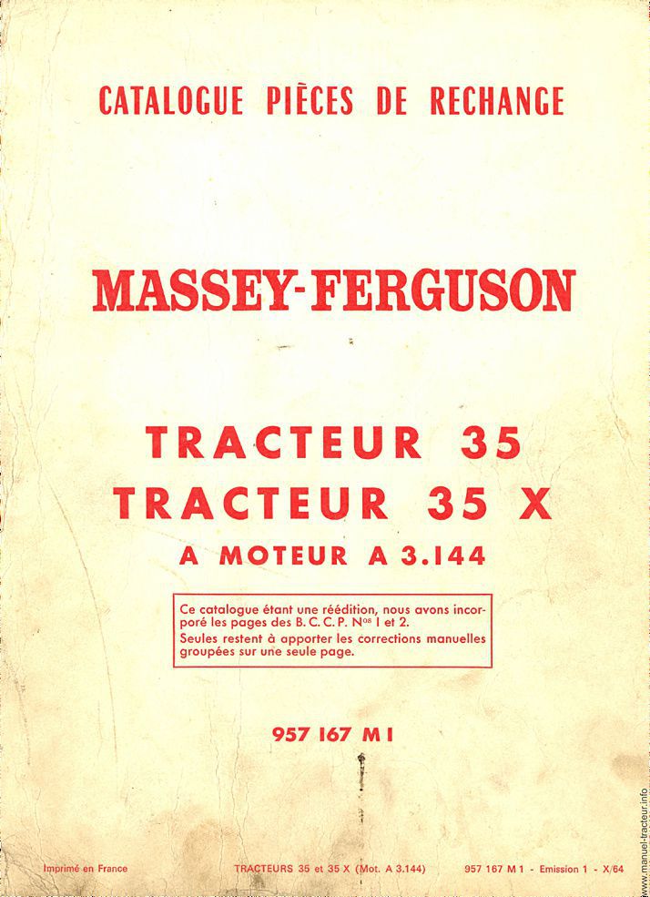 Première page de la revue technique - Catalogue de pièces de rechange les tracteurs Massey Ferguson 35, 35 X