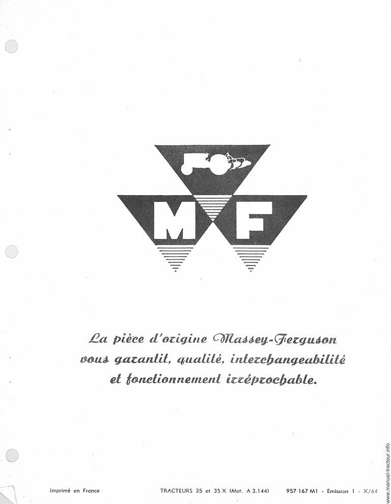 Page 1 du sommaire - Catalogue de pièces de rechange les tracteurs Massey Ferguson 35, 35 X
