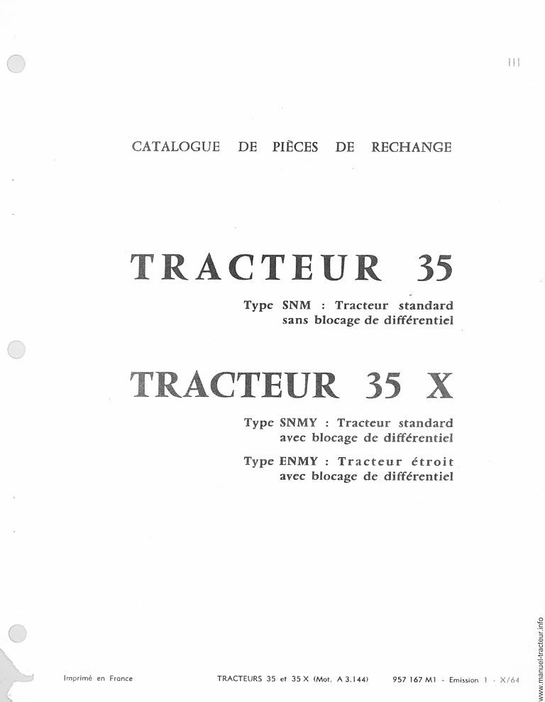 Extrait du guide de réparation - Catalogue de pièces de rechange les tracteurs Massey Ferguson 35, 35 X