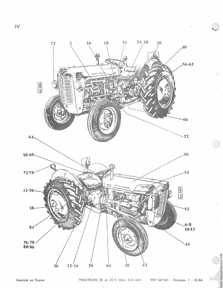Extrait de la notice technique - Catalogue de pièces de rechange les tracteurs Massey Ferguson 35, 35 X