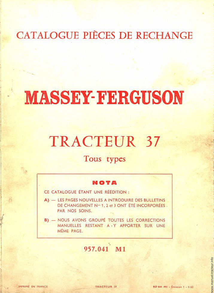 Première page de la revue technique - Catalogue de pièces de rechange le tracteur Massey Ferguson 37