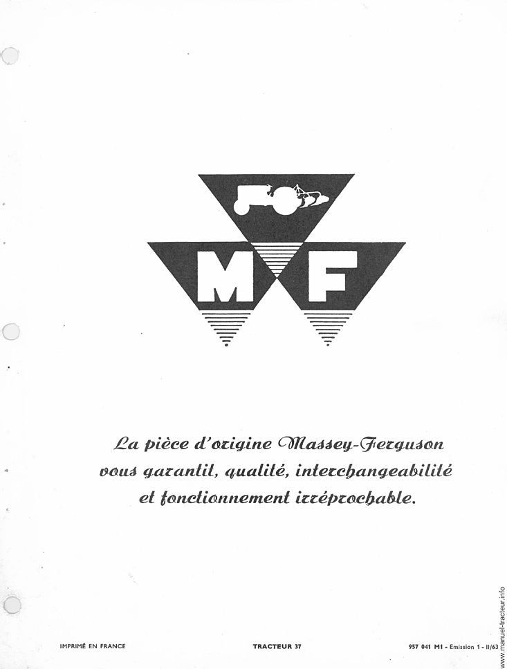 Page 1 du sommaire - Catalogue de pièces de rechange le tracteur Massey Ferguson 37