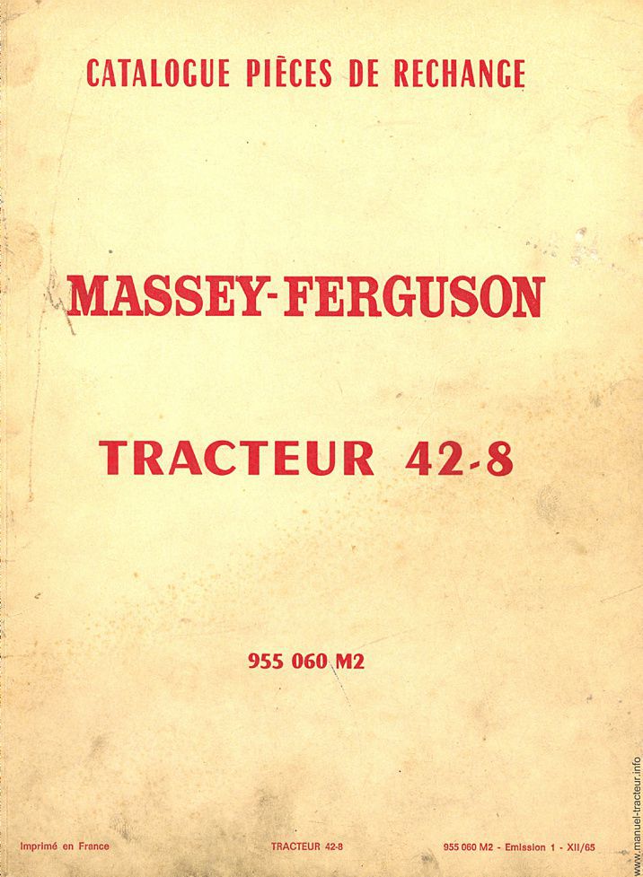 Première page de la revue technique - Catalogue de pièces détachées pour le tracteur Massey Ferguson 42.8