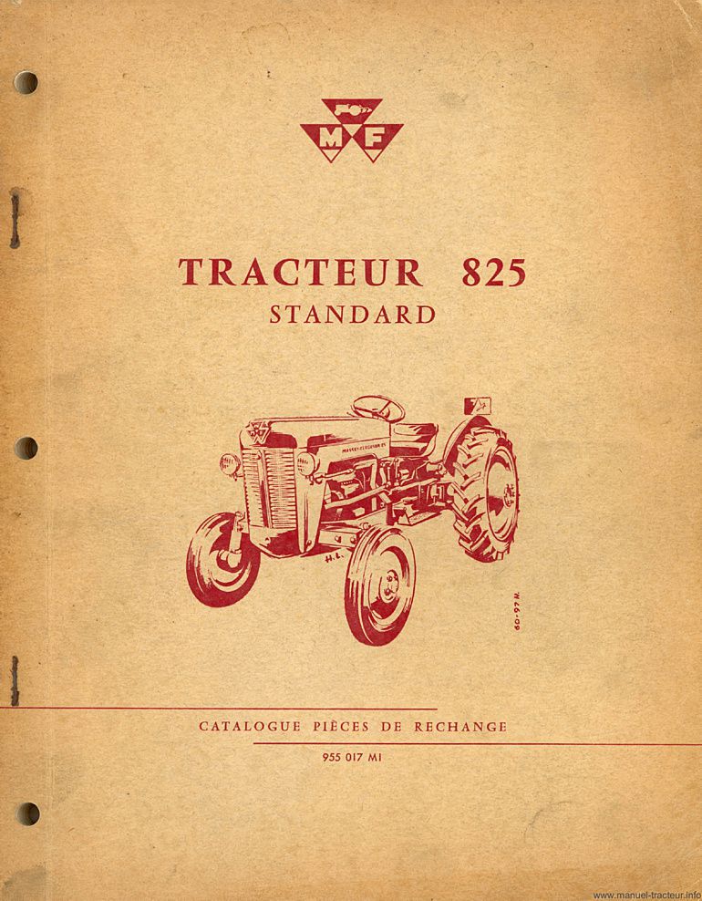 Première page de la revue technique - Catalogue de pièces de rechange pour le tracteur Massey Ferguson 825 Standard