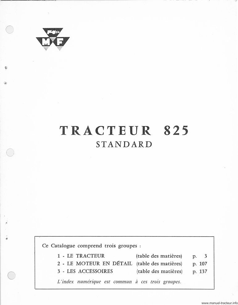 Page 1 du sommaire - Catalogue de pièces de rechange pour le tracteur Massey Ferguson 825 Standard