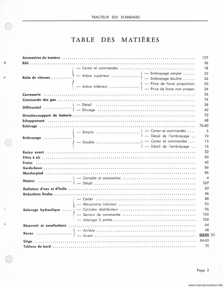Extrait du guide de réparation - Catalogue de pièces de rechange pour le tracteur Massey Ferguson 825 Standard