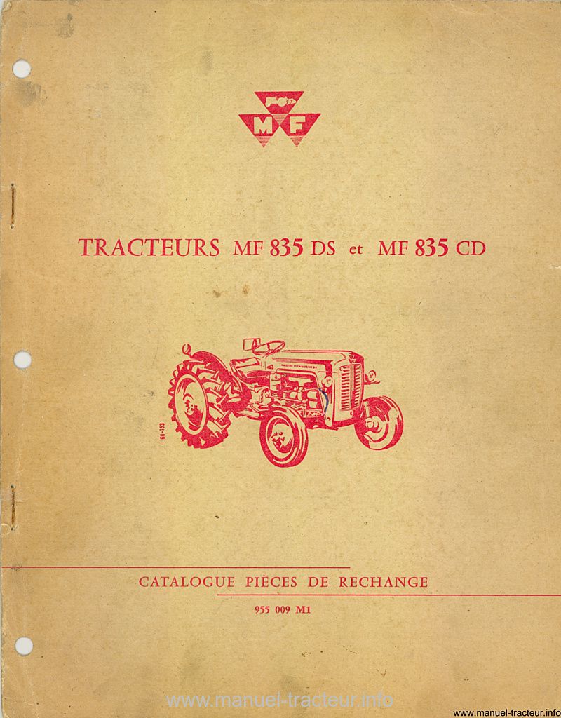 Première page de la revue technique - Catalogue de pièces rechange pour le tracteur Massey Ferguson 835 DS CD