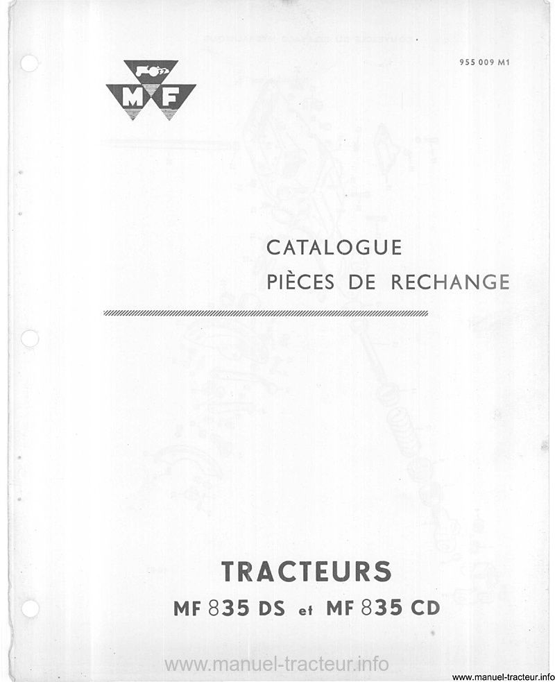 Page 1 du sommaire - Catalogue de pièces rechange pour le tracteur Massey Ferguson 835 DS CD