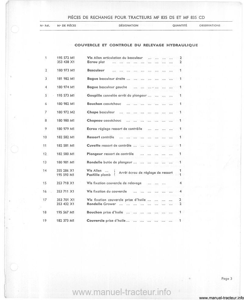 Extrait du guide de réparation - Catalogue de pièces rechange pour le tracteur Massey Ferguson 835 DS CD