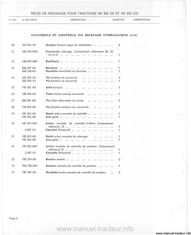 Extrait de la notice technique - Catalogue de pièces rechange pour le tracteur Massey Ferguson 835 DS CD