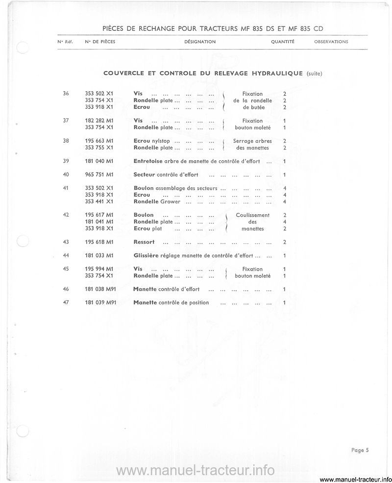 Dernière page de l'aperçu du Catalogue de pièces rechange pour le tracteur Massey Ferguson 835 DS CD