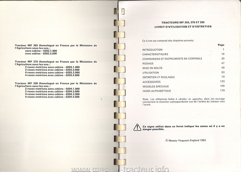 Page 1 du sommaire - Livret d'utilisation et d'entretien pour les Massey Ferguson 265, 275 et 290